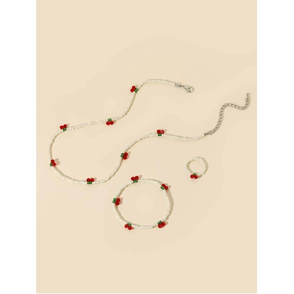 IVORY OFF WHITE 3 PIECE BEAD CHERRY DECOR RING NECKLACE & BRACELET JEWELRY SET - Picture 3 of 4